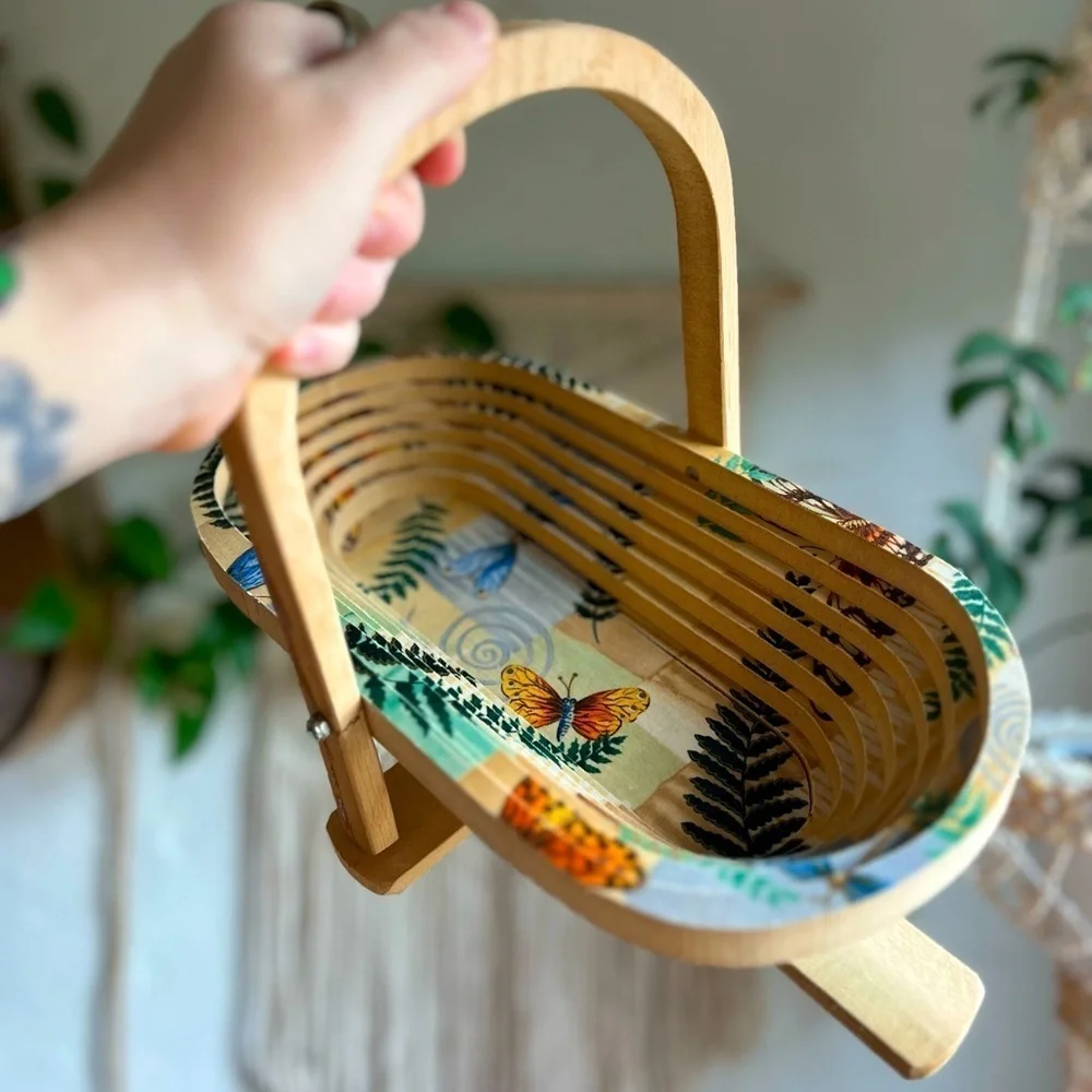 Folding Wooden Basket 12x6” – Butterfly Fern Boho Tray Rustic Cottagecore Decor